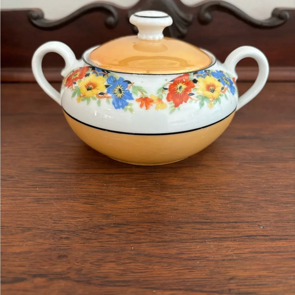 Vintage Handpainted Celebrat German Floral Iridescent Porcelain Sugar Bowl Decor